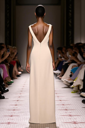 Simple Ivory V-Neck Sheath Long Evening Dress